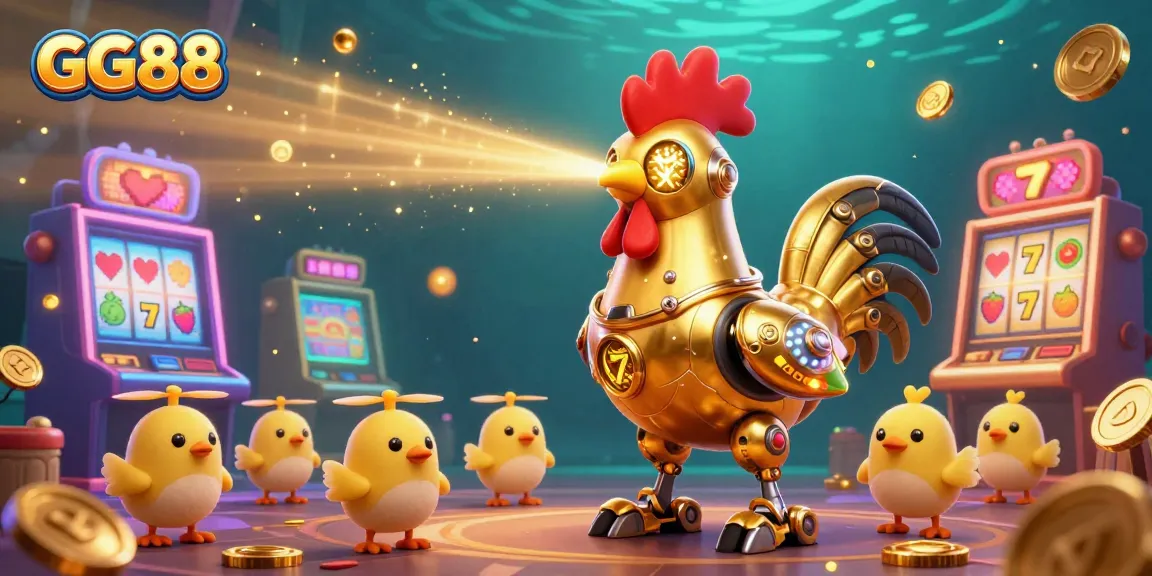 Experience GG88 with vibrant casino-themed artwork featuring a golden rooster robot amidst slot machines and coins.
