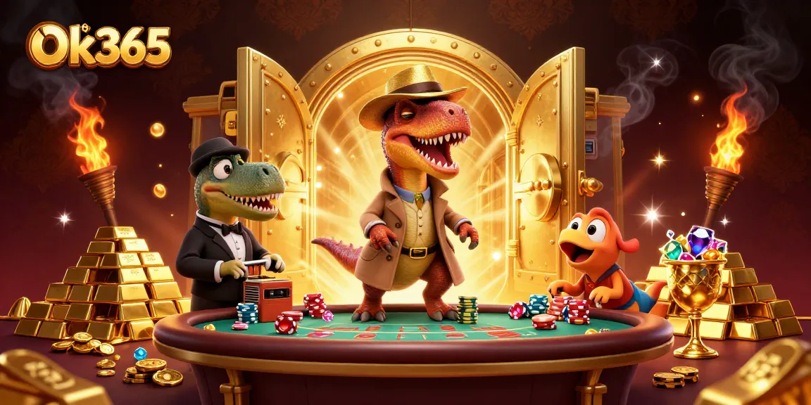 Experience thrilling gameplay at Ok365 with a vibrant 3D casino scene featuring dinosaurs counting cards.