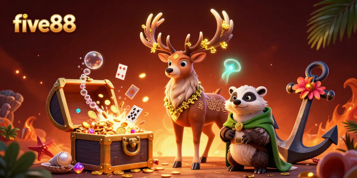 Experience five88 with an enchanting 3D scene of Celtic druid stag and treasure bursting with riches