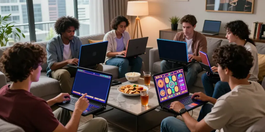Exciting gaming environment featuring players using qqmacan link to enjoy online slots with vibrant graphics and lively interaction.