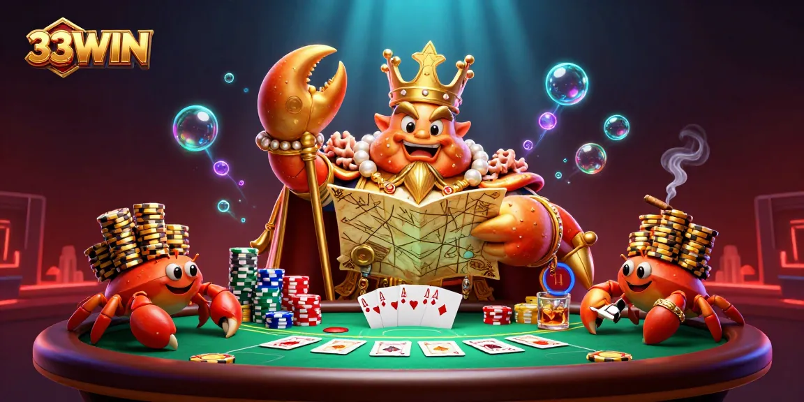 Experience thrilling gameplay at 33WIN with a vibrant casino scene featuring a golden crab emperor and poker elements.