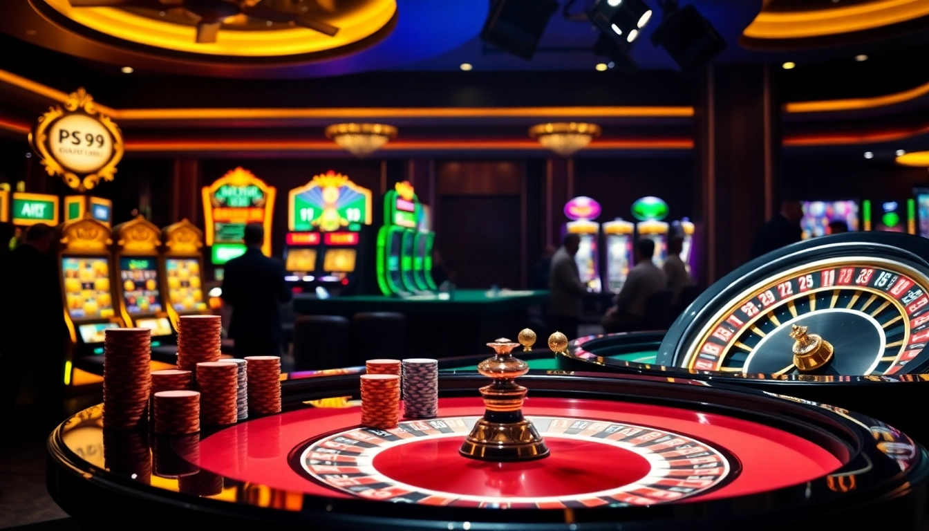Play PS 99 games at a luxurious casino table amidst vibrant slot machines and roulette.