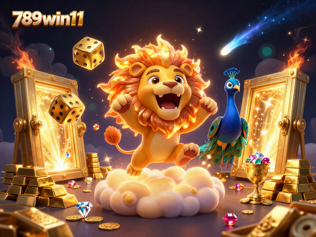 Engage with 789win11's thrilling gaming experience surrounded by golden treasures and cosmic elements.