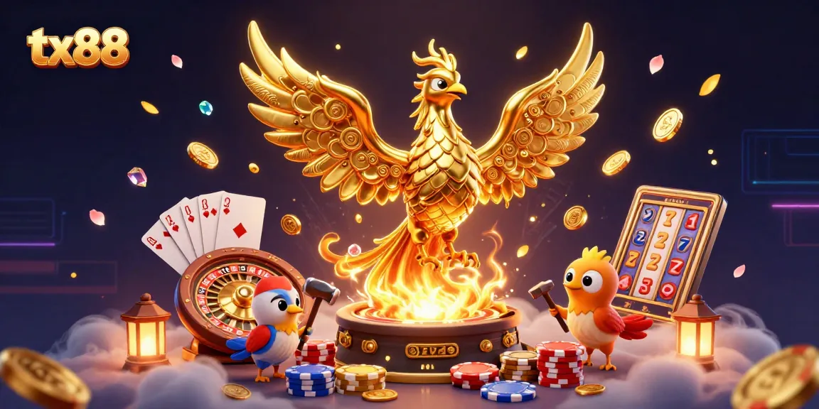 tx88 captures the excitement of casino gaming with a molten golden phoenix and dynamic elements.