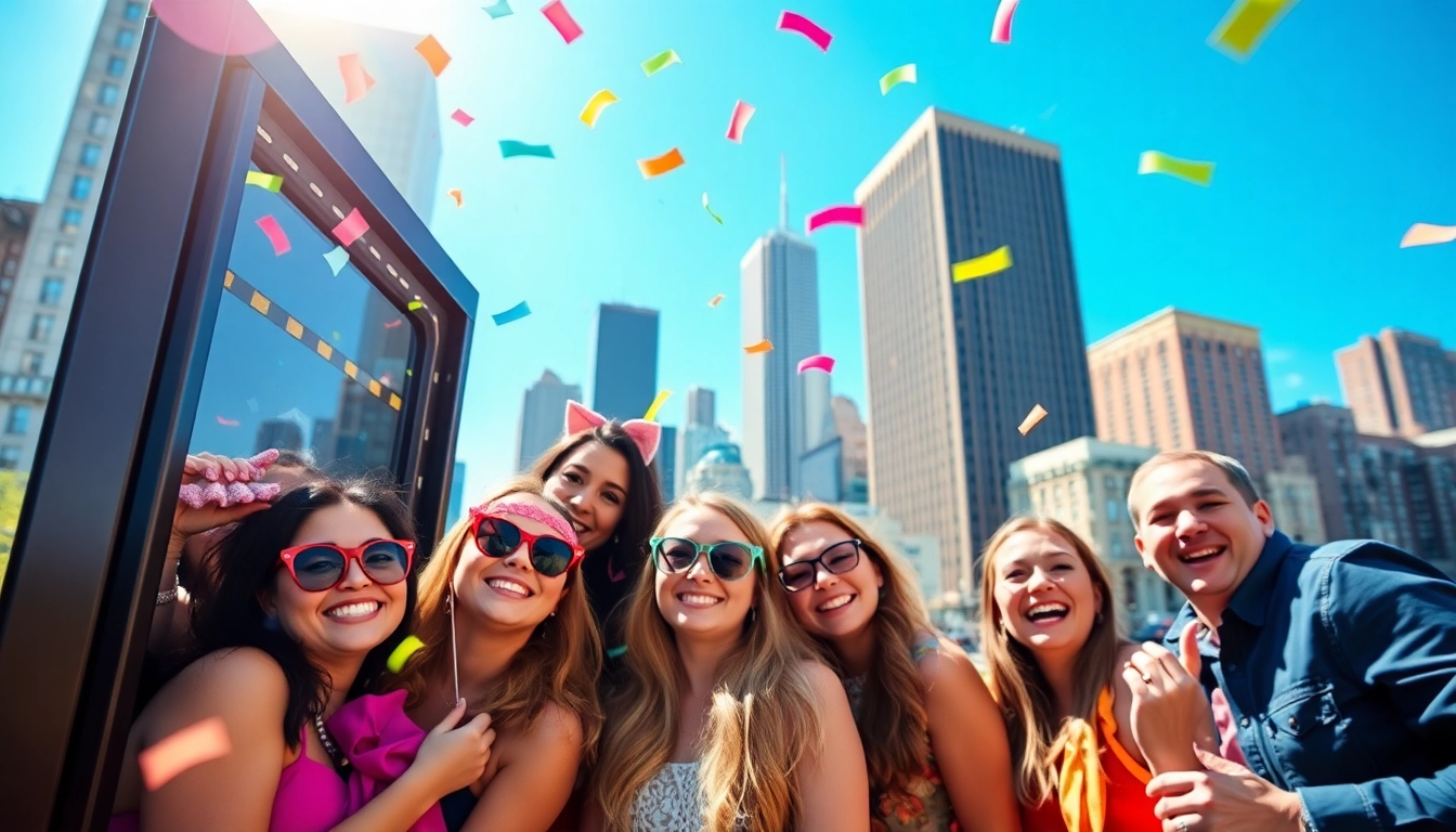 Group of friends enjoying a photo booth rental Chicago experience with festive props.