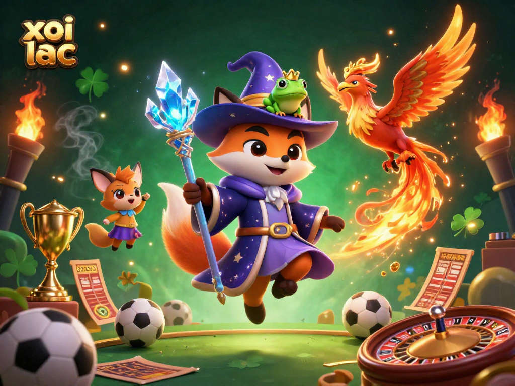Engage in thrilling bets with Xoi Lac's immersive casino scene featuring magical characters.