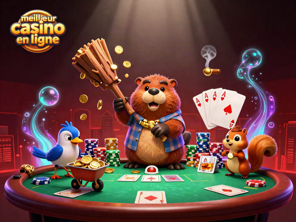Illustration animée 3D représentant le meilleur casino en ligne avec un castor, un oiseau et un écureuil collectant des pièces d'or.