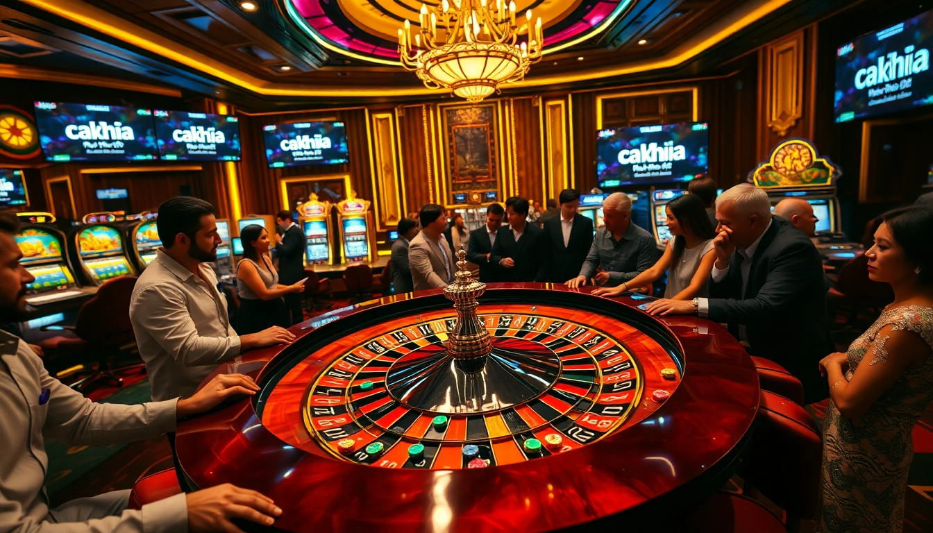 Experience the thrill of cakhia sports betting at a luxurious casino with players and roulette action.