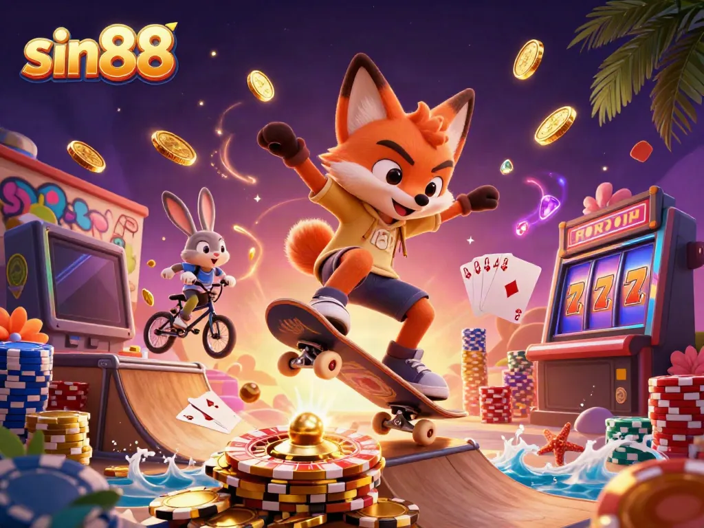 Experience thrilling moments with sin88 as a fox skater performs over gold poker chips amidst dazzling casino elements.