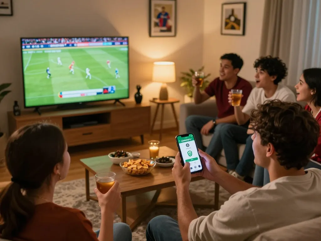 Fan enjoying a football game via CAKHIATV app on smartphone in a lively atmosphere.