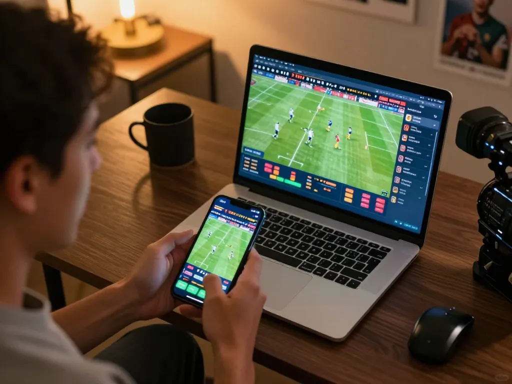Xoilac user actively placing bets during a live football game on smartphone, vibrant atmosphere.