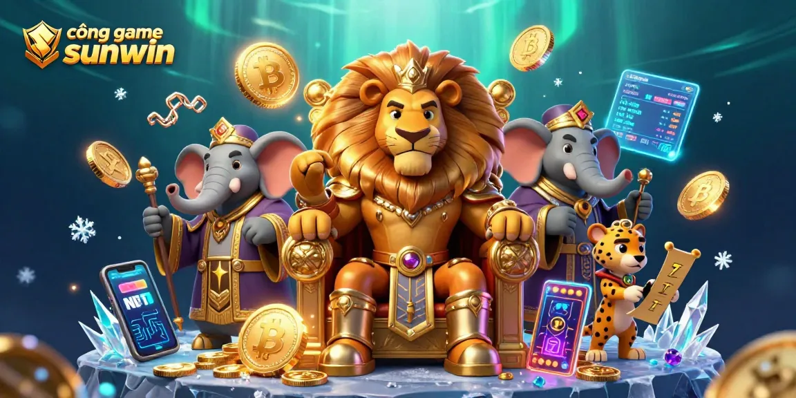 Engage with cổng game sunwin featured in a vibrant 3D illustration highlighting a royal lion, sage elephant, and swift cheetah.