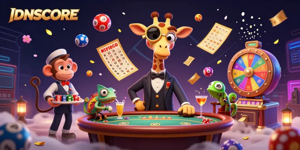Experience dynamic gaming excitement with IDNSCORE at a colorful casino scene full of energy.