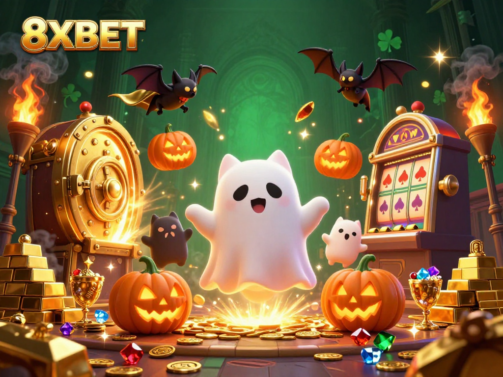 Engage with thrilling 8XBET games in a vibrant casino scene filled with glowing treasures and characters.