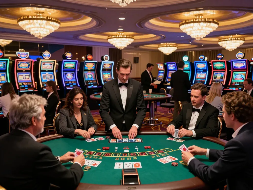 Engaged players enjoying blackjack at F8bet casino, showcasing excitement and strategy amid vibrant atmosphere.