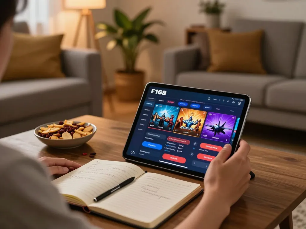 Engaging with the F168 casino app on a tablet during a cozy home gaming session.