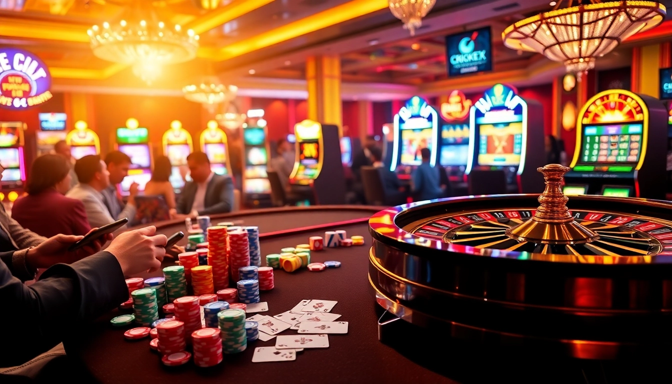 Engaging in thrilling betting activities at crickex.fit with vibrant poker chips and a roulette wheel.