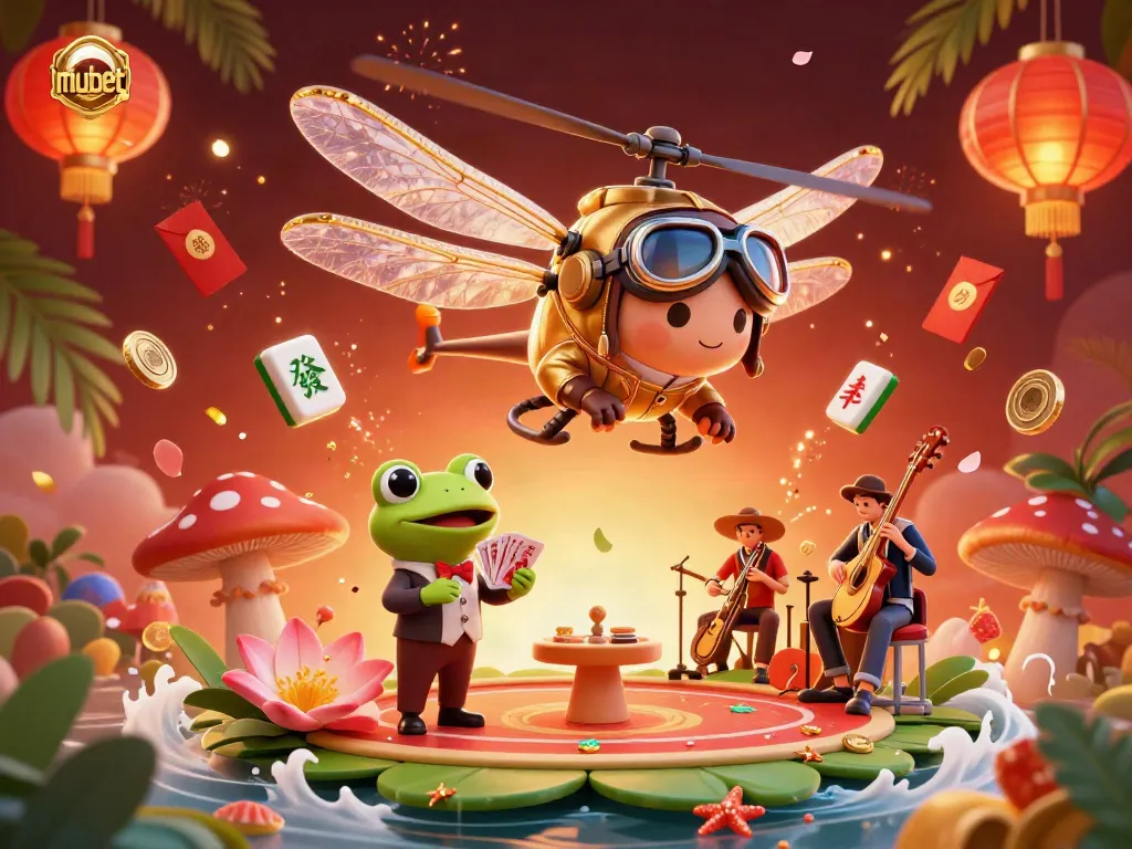 Experience the vibrant mubet casino scene featuring a dragonfly pilot and a frog croupier in action.