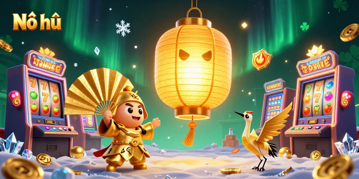Nổ hũ slots abound in a vibrant 3D fantasy casino scene filled with golden lantern spirits and game elements.