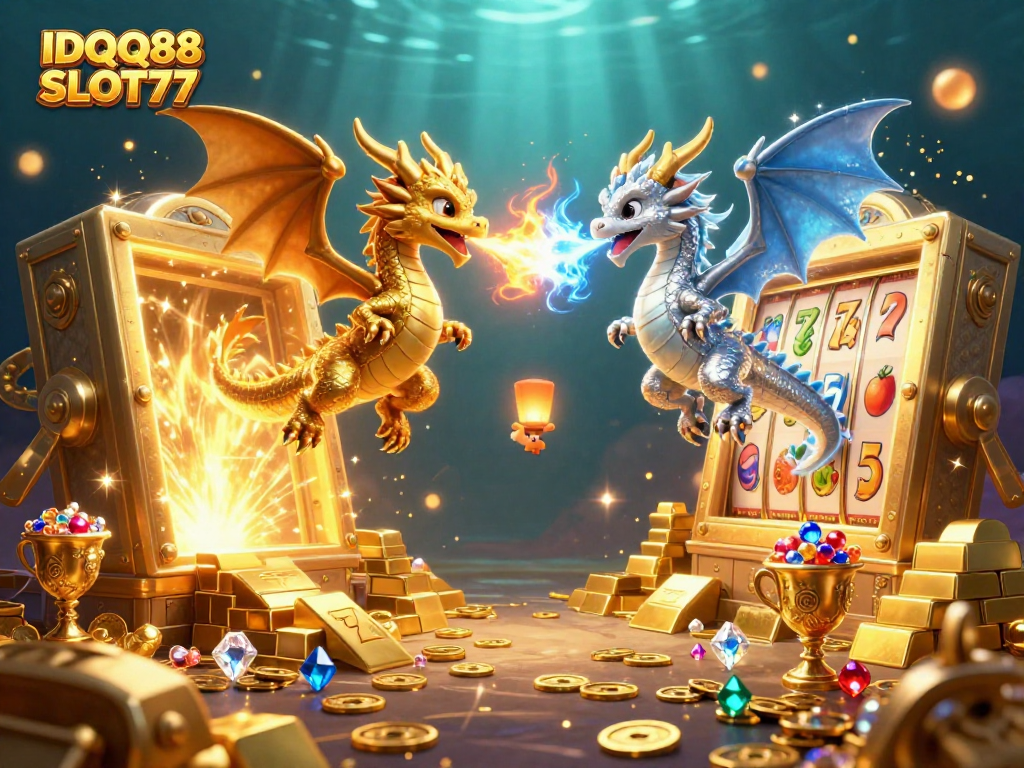 IDQQ88 SLOT77 showcases animated dragons and treasures in a vast slot gaming setting.