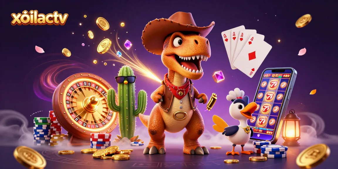 Xoilactv showcases a lively 3D scene with golden coins, vibrant casino elements, and cartoon characters.