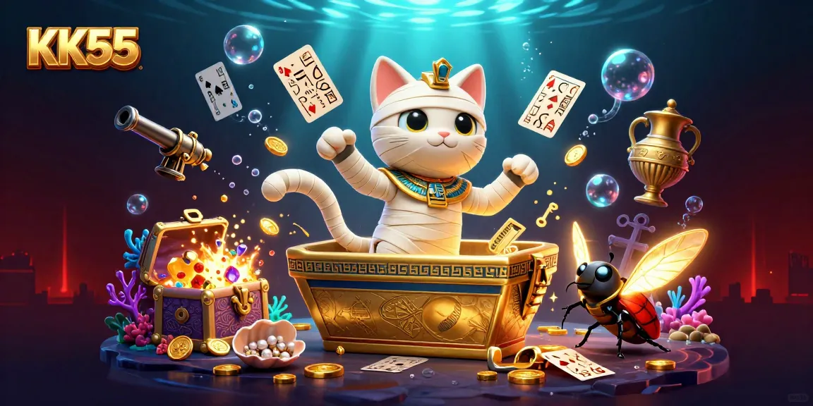 Experience the excitement of KK55 with an Egyptian mummy cat and glowing golden scarab in a vibrant casino.