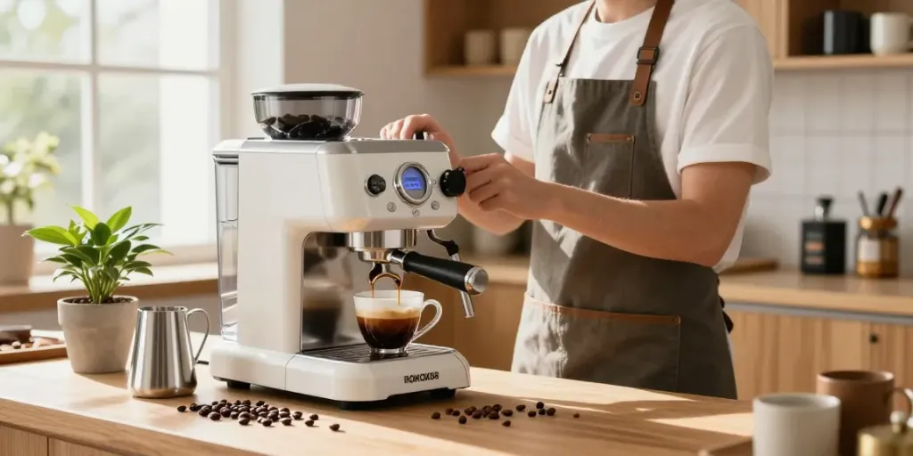 ROKOK88 espresso machine brewing rich coffee crema in a bright kitchen.