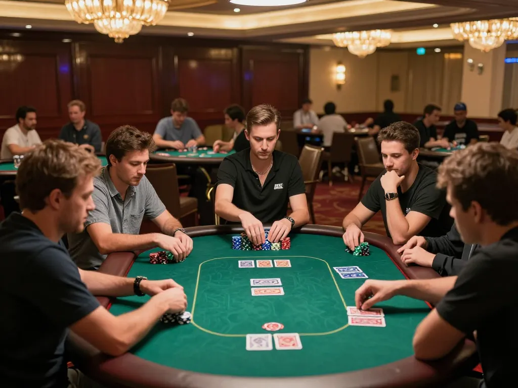 Players engage in an intense poker game at VA88 casino, showcasing strategic gameplay and luxurious ambiance