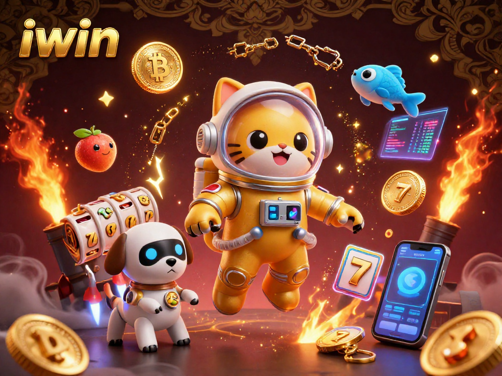Engage with iwin's vibrant 3D casino scene featuring a golden astronaut cat and crypto elements.