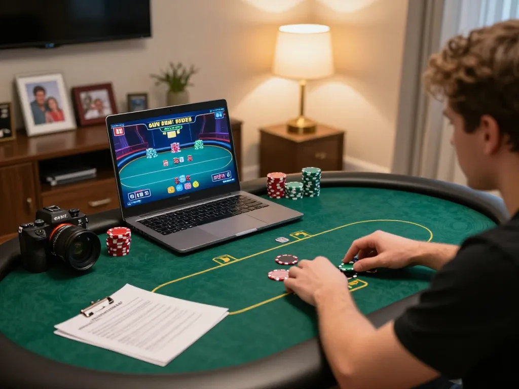 77WIN online poker player immersed in a strategic game at home, showcasing focused gameplay and a personal touch.