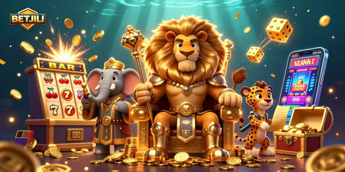 Experience BETJILI's exciting casino world with a royal lion king, wise advisor, and quick messenger amid vibrant game elements.