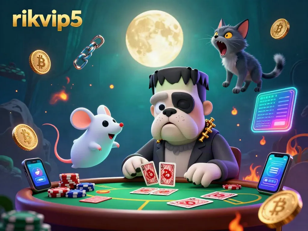 A 3D cartoon scene of rikvip5 featuring a dog monster dealing cards, a kitten howling at the moon, and crypto coins.