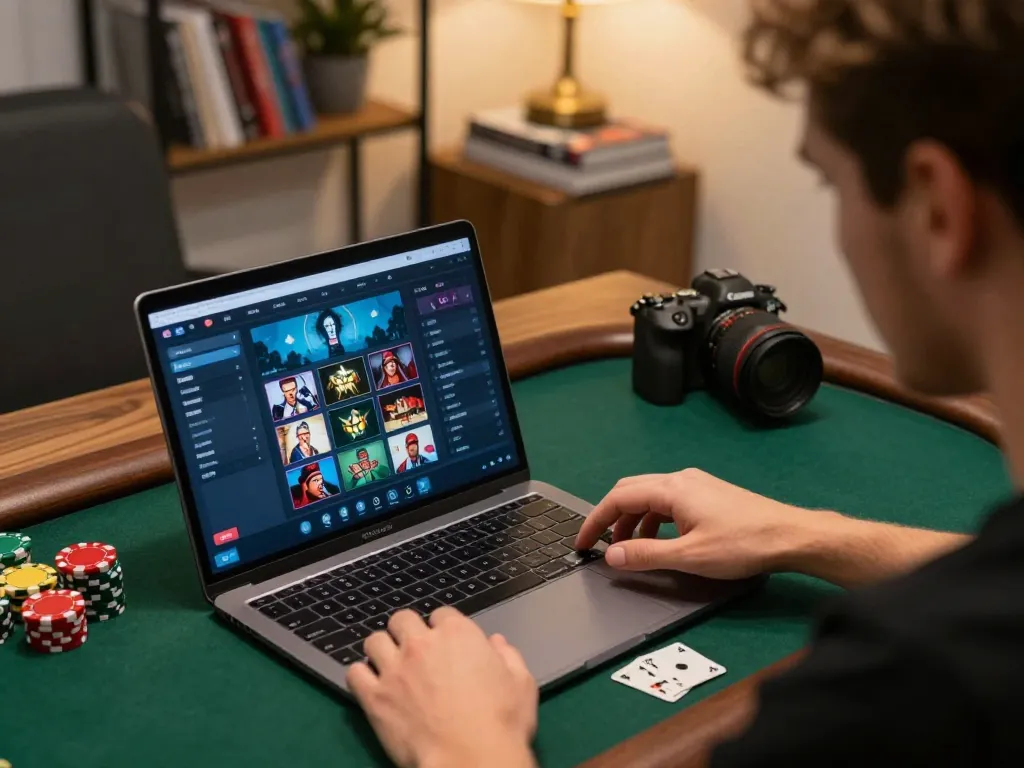 Player strategizing poker game on laptop in home office while managing 789win gaming sessions.