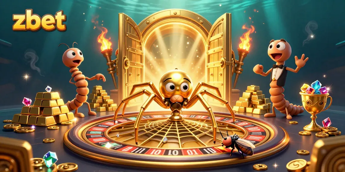 Engage with zbet in a thrilling golden casino scene featuring a roulette wheel, spider, and treasures.
