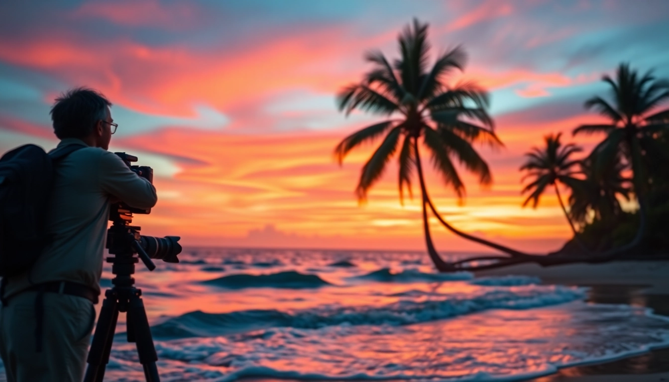 Destination photographer capturing a stunning sunset on a tropical beach.