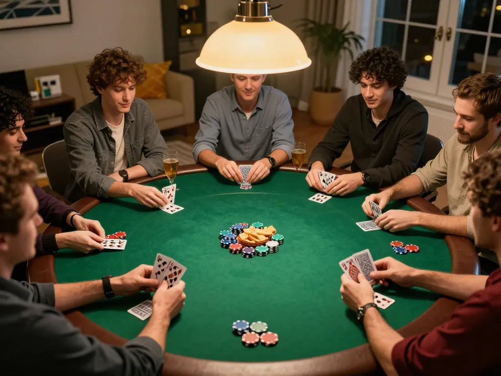 SUNWIN LINK enhances poker night excitement, showcasing friends enjoying gameplay at a cozy round table.