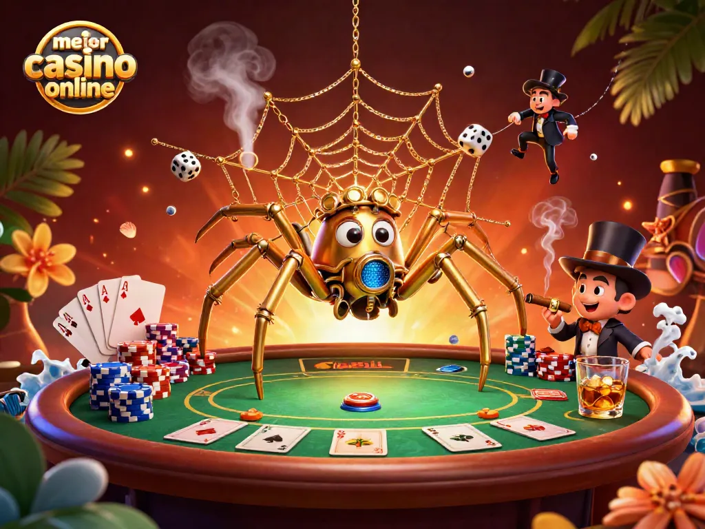 Disfruta del mejor casino online mientras la araña dorada captura dados desafortunados en su telaraña.