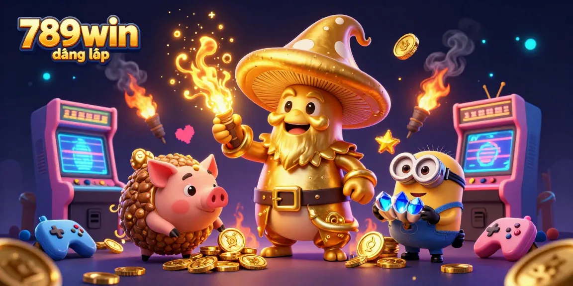Engage with the vibrant 789win đăng nhập world featuring a golden wizard and pig amidst gaming treasures.