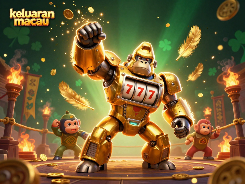 Experience keluaran macau excitement with a golden gorilla mech surrounded by dazzling casino elements and vibrant atmosphere.
