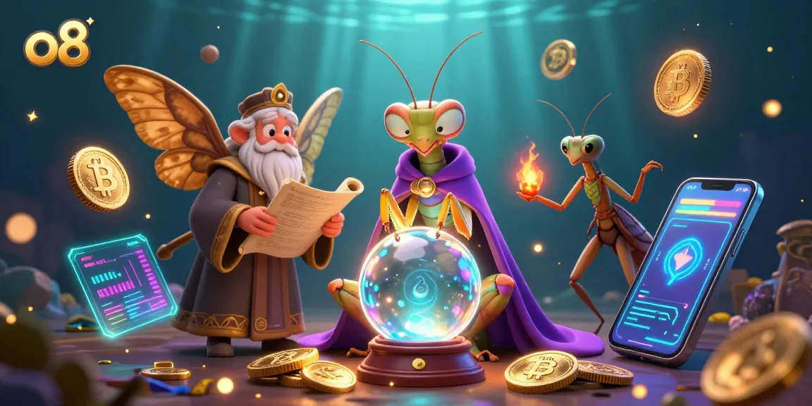 o8 captivates with its mesmerizing 3D fortune teller scene, merging classic gaming symbols and vibrant crypto elements.