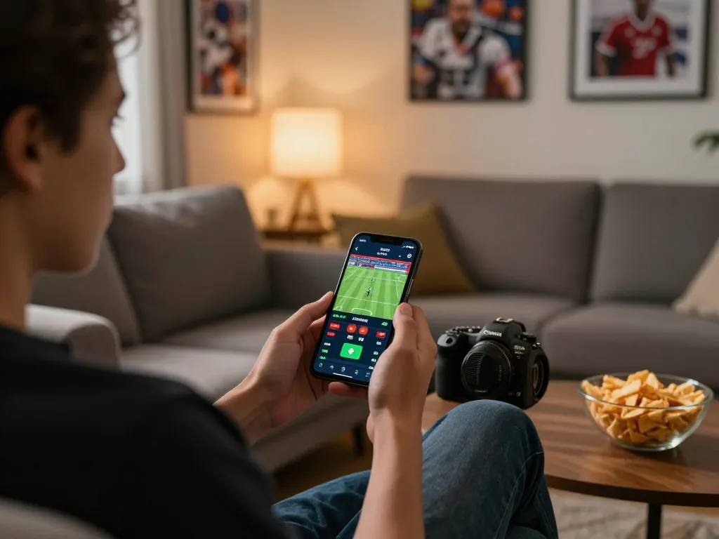 Person placing live sports bets using the fly88 free app on their smartphone at home.