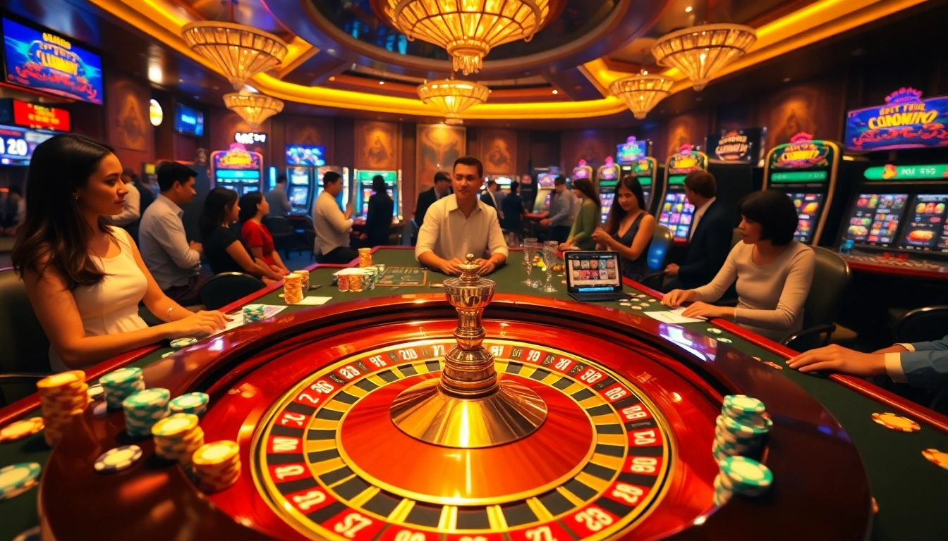 Experience excited players and stunning casino visuals at LuckyWin's vibrant gaming tables.