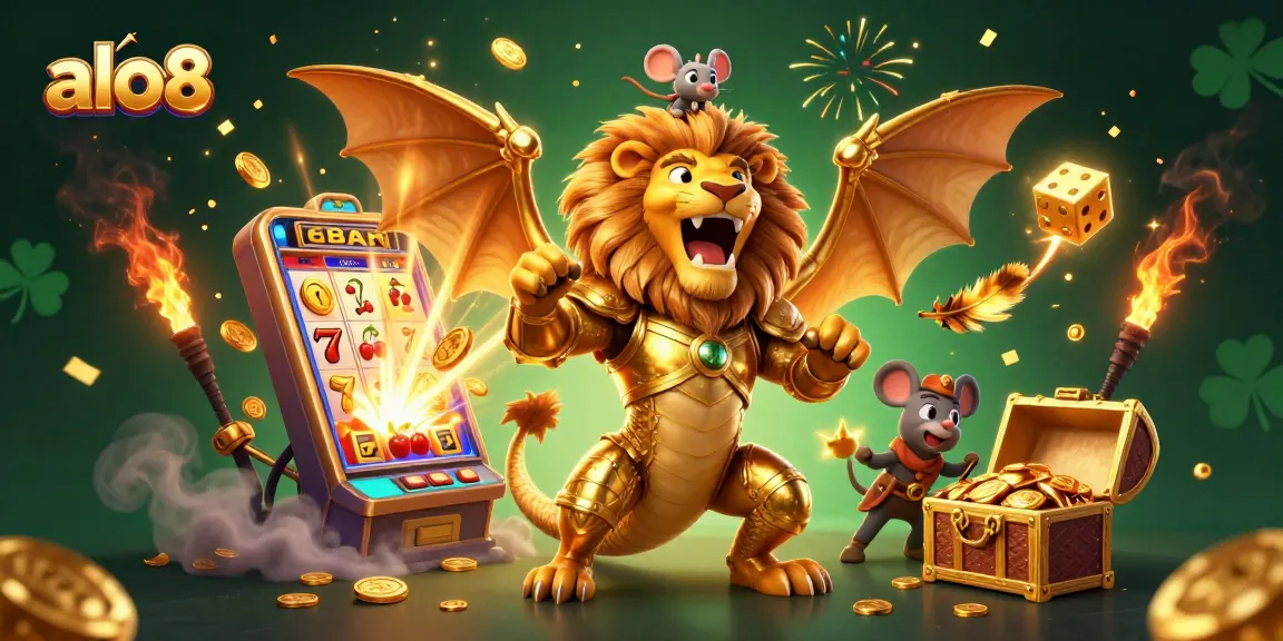 Experience the thrill of alo8 with a golden chimera and jackpot explosions in a vivid casino scene.