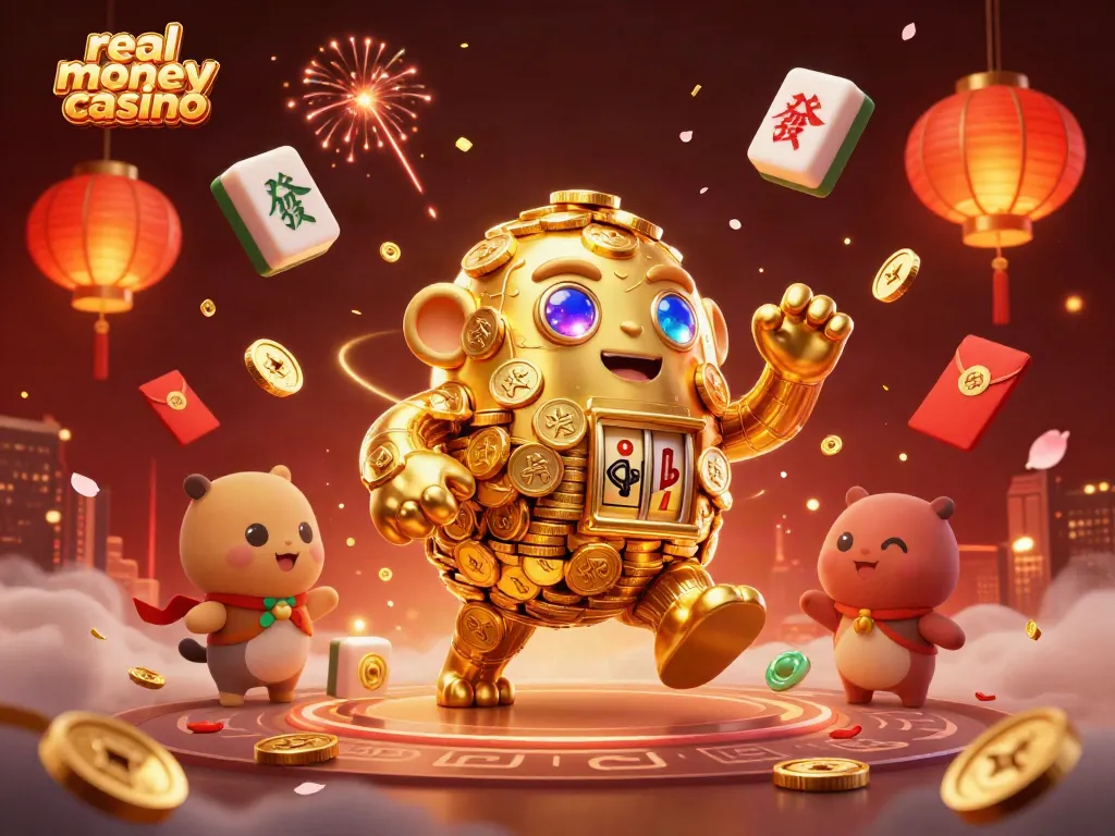 Engage in exhilarating real money casino games with a golden golem amidst festive casino symbols.