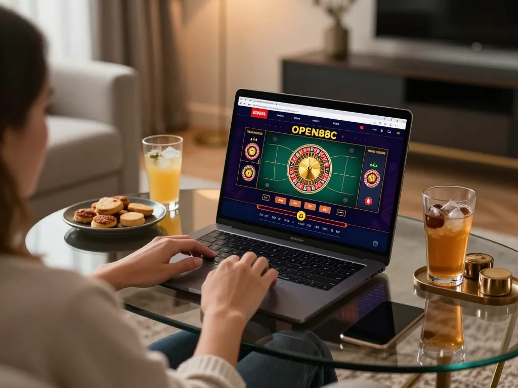 Playing on open88c's online casino platform with a laptop and cozy home setting.