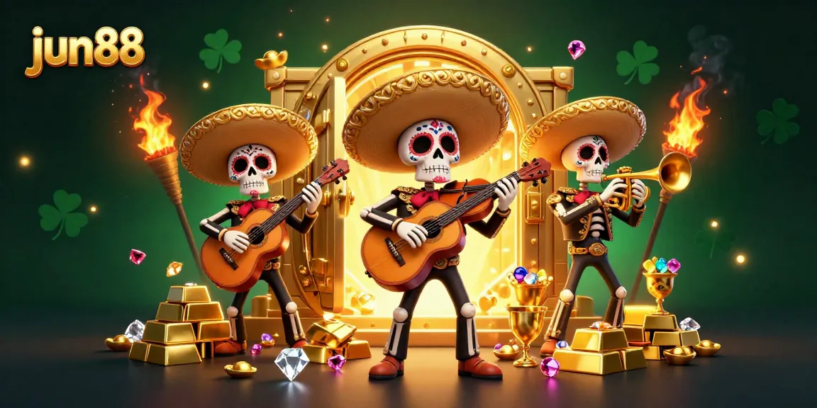 Experience the excitement at jun88 with a vibrant illustration of a mariachi band celebrating casino treasures.