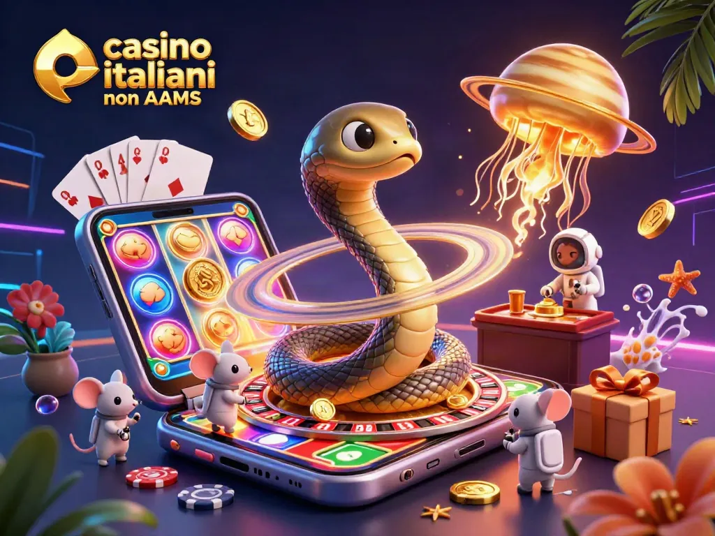 I giocatori scommettono nei casino italiani non AAMS mentre un serpente snao ruota come una roulette, con una rappresentazione vivace e dinamica.