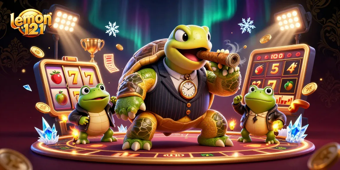 Engage in thrilling gaming with lemon 121, featuring dynamic slot reels and excited characters.