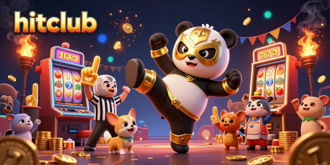 Hitclub features a panda wrestler and chihuahua referee in a lively casino scene with slot machines.