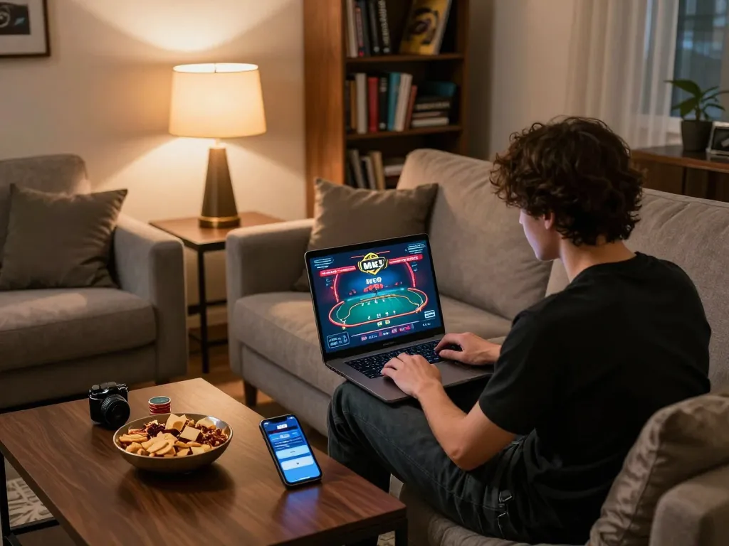 Player engaging in an online poker game with MK8 app in a cozy home environment, highlighting strategic gambling moments.